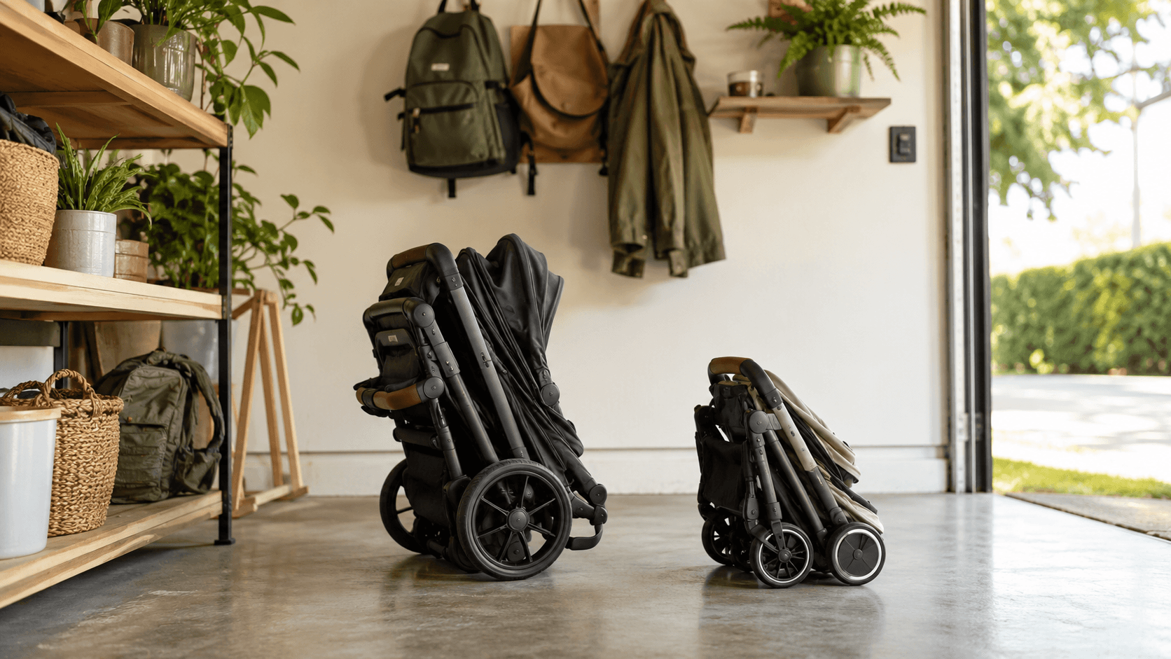 Side-by-side comparison of a travel system stroller and compact stroller