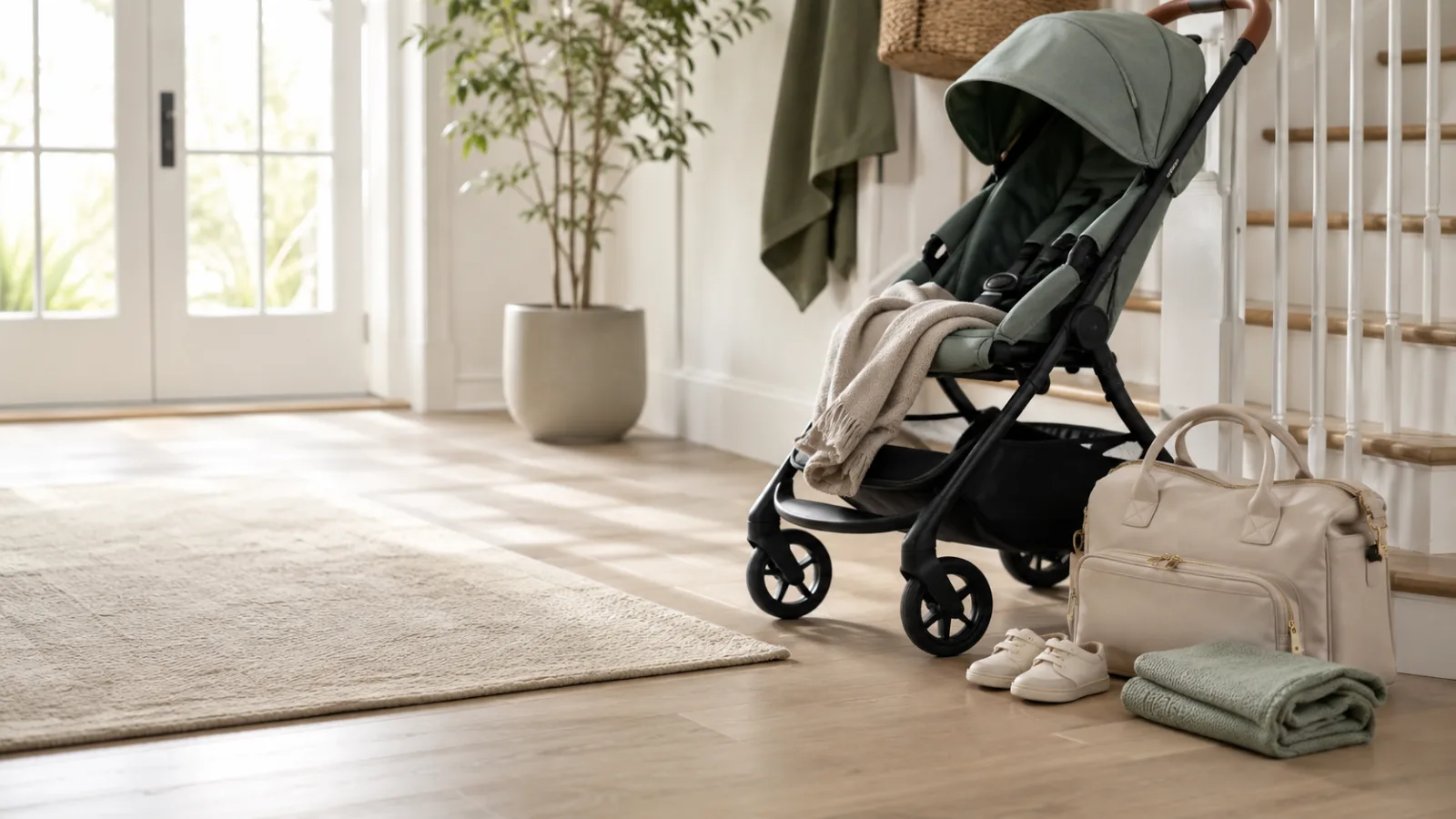 Modern stroller with compact fold and parent gear